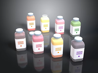 Colorful Bottled Food Drinks With White Labels And Varied Hues On Black Surface 3d model