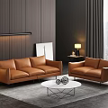 Modern Brown Leather Sofa Coffee Table Set in Minimalist Living Room with White Round Table and Natural Light