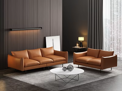 Modern Brown Leather Sofa Coffee Table Set in Minimalist Living Room with White Round Table and Natural Light 3d model