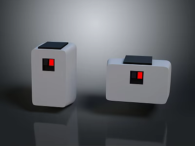 Two White Computer Devices With Black Top And Red Indicator Light On Front 3d model