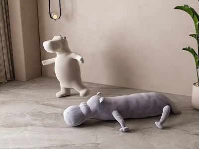 White Standing Hippo Plush Toy And Gray Lying Hippo Decor In Modern Room 3d model