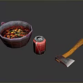 Bowl With Red Liquid Vegetables Coca Cola Can And Wooden Handle Axe
