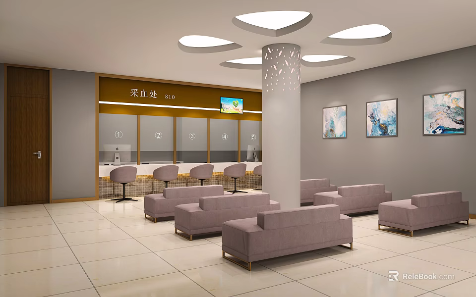 Modern Waiting Area Interior With Food Pickup Counter Sofas Chairs And Wall Paintings 3d model 