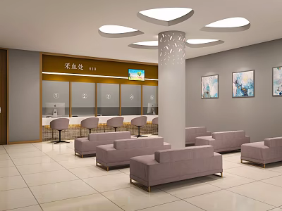 Modern Waiting Area Interior With Food Pickup Counter Sofas Chairs And Wall Paintings 3d model