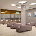Modern Waiting Area Interior With Food Pickup Counter Sofas Chairs And Wall Paintings