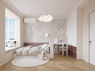Bright Kids Bedroom With Tree Murals Round Rug And Study Desk 3d model