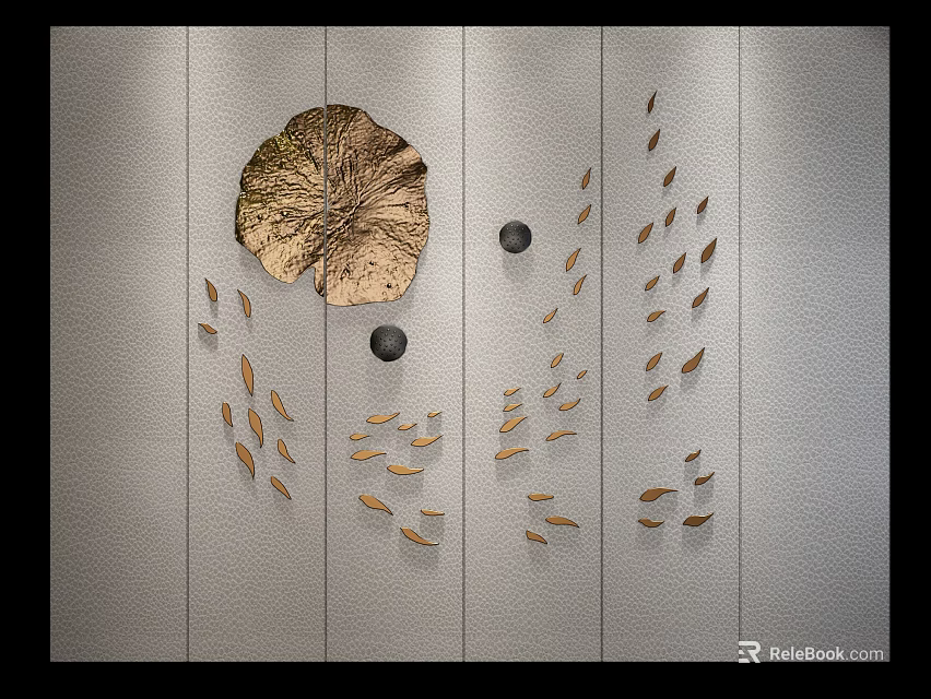 Modern Sofa Backdrop Wall Design With Lotus Leaf Decor And Metal Fish Ornaments 3d model
