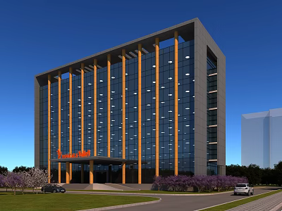 Modern Office Building With Glass Curtain Wall Orange Columns Green Lawn And Purple Trees 3d model