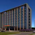 Modern Office Building With Glass Curtain Wall Orange Columns Green Lawn And Purple Trees