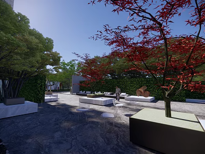Serene Garden Landscape With Red Maple Trees Hedges White Seats And Stone Ground 3d model