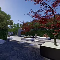 Serene Garden Landscape With Red Maple Trees Hedges White Seats And Stone Ground
