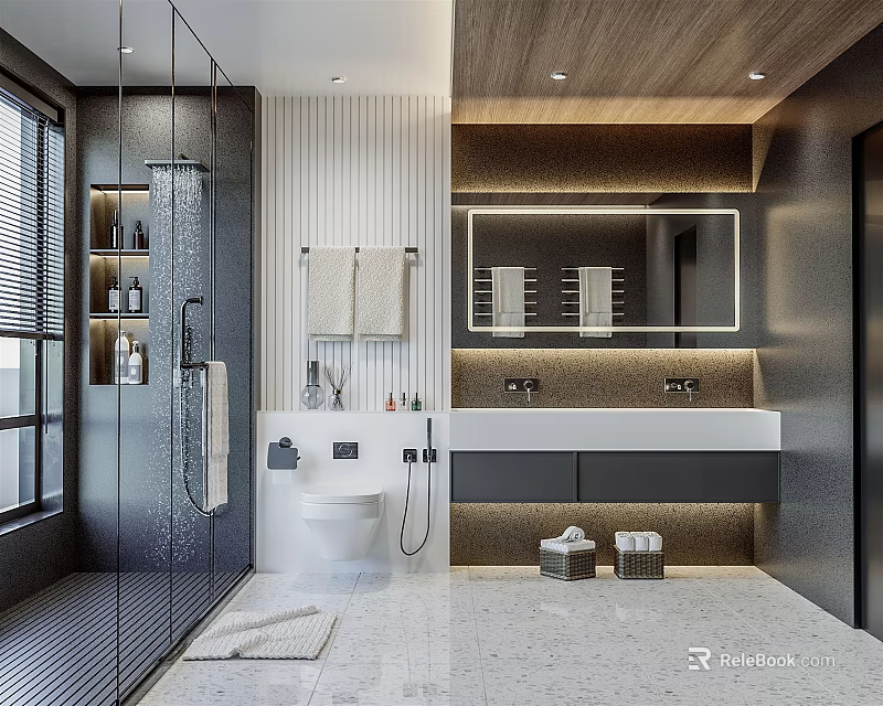 Modern Bathroom Interior Design With Glass Shower Double Vanity Sink And Wooden Accents 3d model 