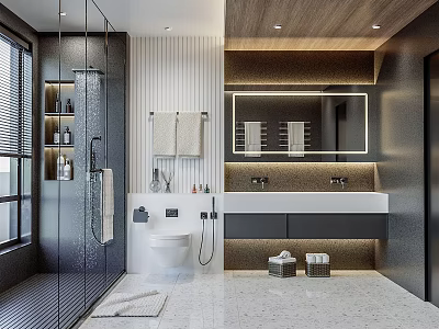 Modern Bathroom Interior Design With Glass Shower Double Vanity Sink And Wooden Accents 3d model