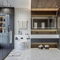 Modern Bathroom Interior Design With Glass Shower Double Vanity Sink And Wooden Accents