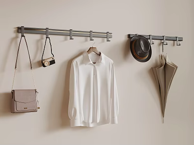 Practical Wall Mounted Hanging Rack With White Shirt Bag Hat And Umbrella 3d model