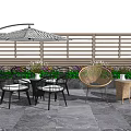 Outdoor Patio Table And Chair Set With Umbrella Rattan Chairs Potted Plants Stone Floor