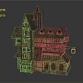 Cartoon Style Vintage House With Wooden Structure Red Roof Chimney Windows And Signboard