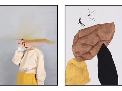 Artistic Abstract Composition With Yellow Fabric Figure Brown Geometric Shape And Bird 3d model