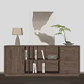 Modern Walnut Console Cabinet With Open Shelves Decorative Artwork Table Lamp And Green Plant