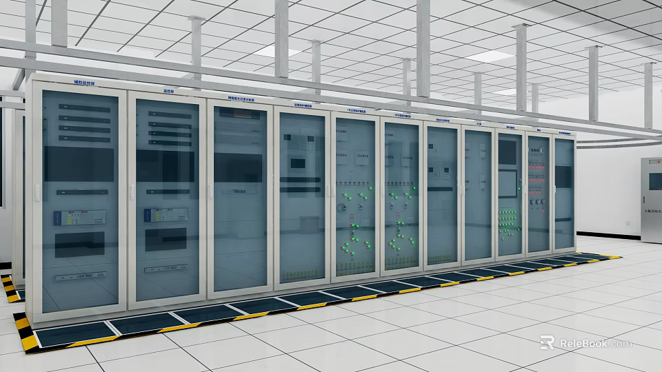Industrial Equipment In Clean Control Room With Glass Door Cabinets Indicator Lights And Metal Supports 3d model 