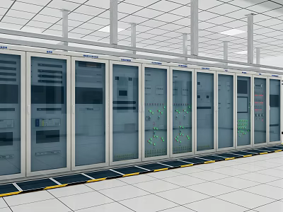 Industrial Equipment In Clean Control Room With Glass Door Cabinets Indicator Lights And Metal Supports 3d model