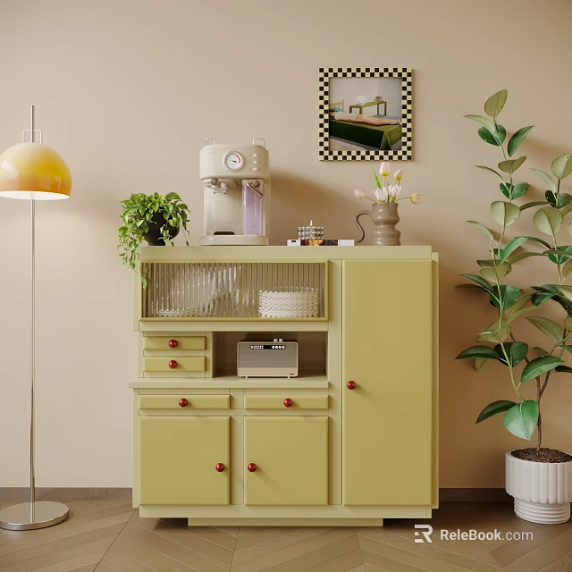 Light Green Sideboard With Red Knobs Coffee Machine Vase Wall Art And Green Plants 3d model
