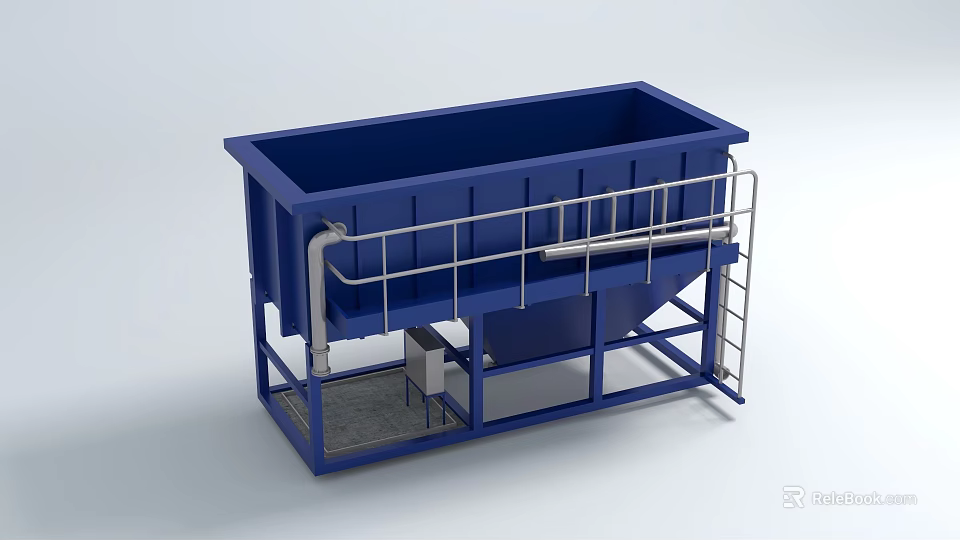Blue Industrial Equipment with Large Container Metal Frame Guardrails Ladder and Pipes 3d model 