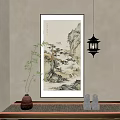 Traditional Chinese Landscape Painting with Mountains Pine Tree Waterfall Bamboo Plant and Hanging Lantern