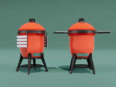 Orange Cooking Appliances With Black Base And Side Racks On Wheels 3d model