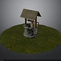 Traditional Well Structure With Thatched Roof Stone Base And Wooden Bucket On Grass