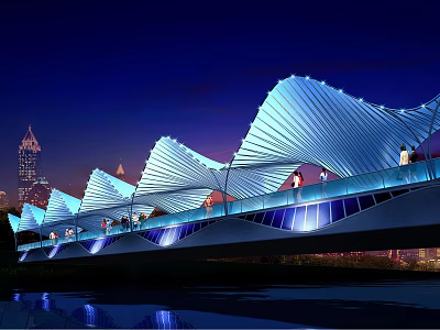White Wing Structure Scenic Bridge At Night With City Skyline And Water Reflection 3d model