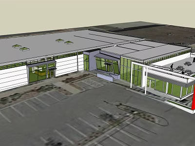 Modern Office Building Exterior With Glass Windows Flat Roof And Parking Lot 3d model