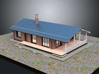 Single Family Home With Blue Roof Front Porch Chimney And Brick Red Exterior 3d model