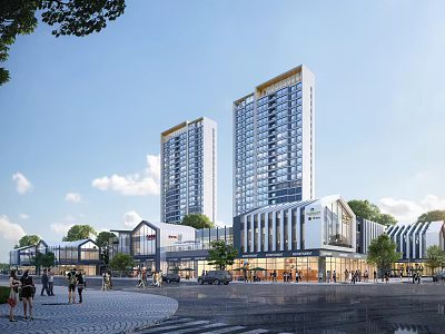 Modern Commercial Street With High Rise Buildings Pedestrians Vehicles And Green Trees 3d model