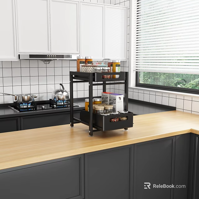 Black Kitchen Storage Rack With Spices Jars On Wooden Countertop In Modern Kitchen 3d model 