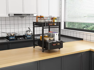 Black Kitchen Storage Rack With Spices Jars On Wooden Countertop In Modern Kitchen 3d model