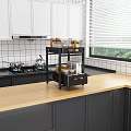 Black Kitchen Storage Rack With Spices Jars On Wooden Countertop In Modern Kitchen