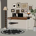 Modern Desk And Chair Set With Framed Artworks Floor Lamp Laptop Potted Plant And Rug