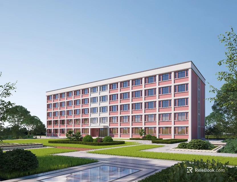 Red Brick School Building With Multiple Floors And Large Windows Surrounded By Green Lawns 3d model 