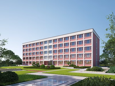 Red Brick School Building With Multiple Floors And Large Windows Surrounded By Green Lawns 3d model