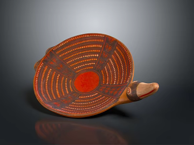 Decorative Handcrafted Wooden Furniture Bowl With Traditional Orange Red Patterns And Handle 3d model