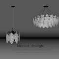 Medieval Style Droplight With Golden Frame And Leaf Shaped Glass Shades
