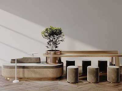 Modern Interior Design Wooden Table and Upholstered Stool Set with Green Plant 3d model