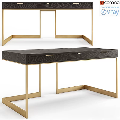 Modern Elegant Dining Table With Black Wood Top Gold Metal Legs And Drawer 3d model