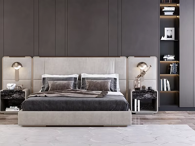 Modern Background Double Bed With Beige Headboard Dark Wall And Nightstand Lamps 3d model