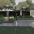 Modern Garden Landscape With Water Pond Lush Greenery And Modern Architecture
