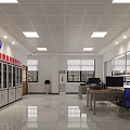 Administrative Service Hall Interior With Blue Walls Desks Chairs File Cabinets And Computers