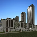 Row of Modern Townhouses Exterior Design With Green Lawn And Trees Near High-Rise Buildings