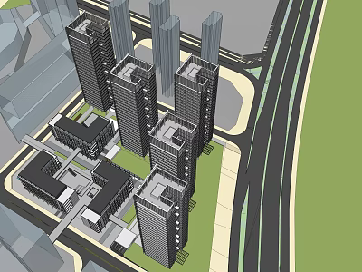 Modern High Rise Office Towers in Urban Area With Road And Green Space 3d model