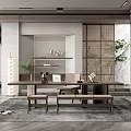 Quiet study room rattan desk and chair combination partition 3d model